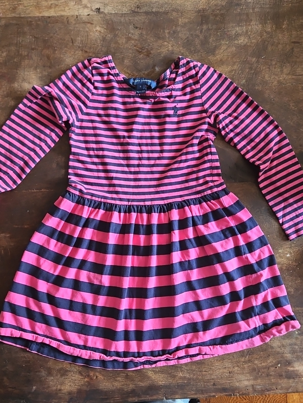 Ralph Lauren Pink and Navy Striped Long-Sleeve Dress